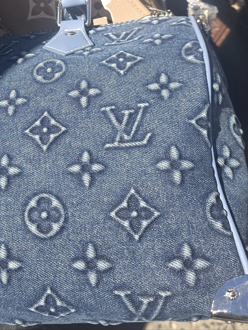 Cotton Denim Deluxe Monogram 30 Pillow Large Tote with Light Blue Leather Trim - Picture 5 of 16